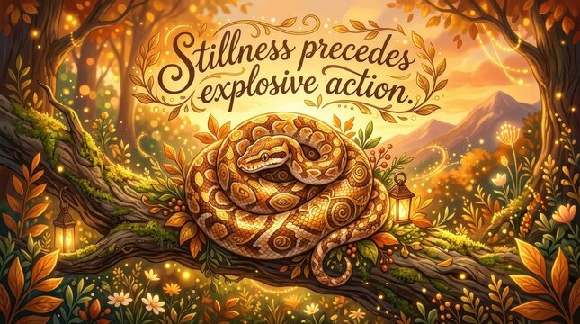 Enchanting forest scene with a coiled python on a mossy branch, illuminated by lanterns and glowing lights, featuring a motivational quote about prepa