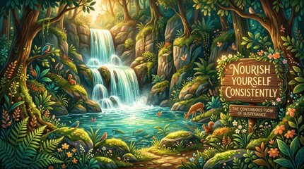Obraz premium Enchanting Forest Waterfall Scene with 'Nourish Yourself Consistently' Sign and Wildlife