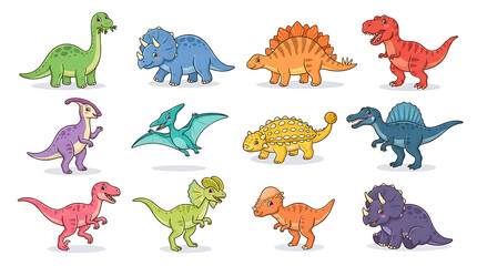 Fototapeta premium Colorful cartoon dinosaurs walking in a line
