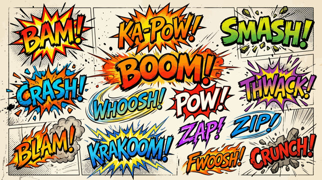 A vibrant collection of comic book sound effect exclamations like BAM, BOOM, SMASH, and CRASH, rendered in dynamic, explosive, and colorful typography.