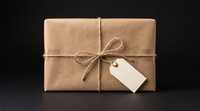 Kraft paper gift box with twine and tag on black.