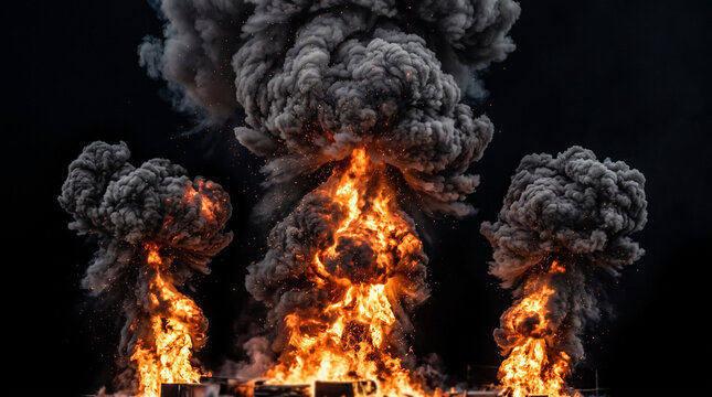 Large fire explosion with black smoke.