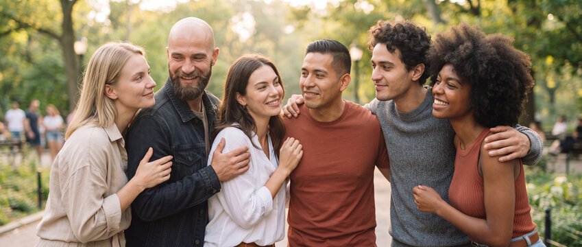 Multicultural friends embracing in a sunny park, showing joyful smiling faces, casual clothing, and warm community bonding for diversity, youth lifestyle, and social advertising