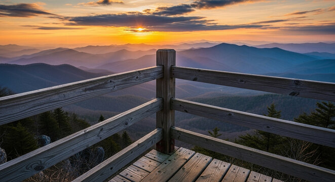 A wooden observation deck overlooks a vast mountain range as the golden sun sets below the horizon, casting warm light across rolling hills and atmospheric fog during a peaceful evening