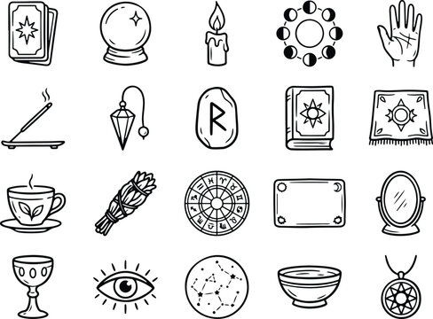 Mystical witchcraft icons set, 20 hand drawn occult vector symbols, esoteric magic doodle collection, spiritual divination elements
