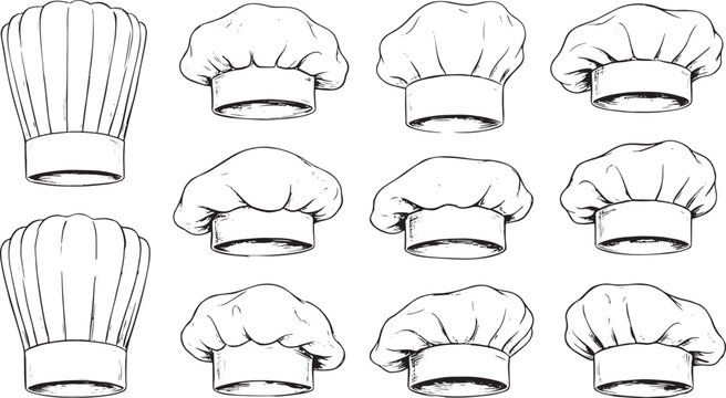 Black and white of various hand-drawn chef hats and toques isolated on a white background, also transparent background