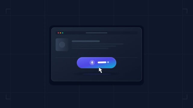 Futuristic dark mode interface, glowing blue call to action button animation, digital web browser window with cursor click, modern UI UX design