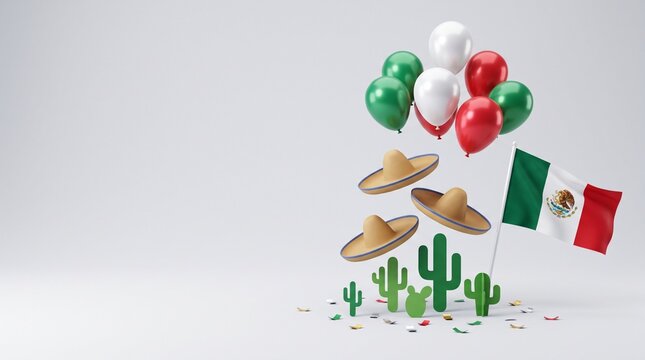 Mexican Independence Day celebration with flag and sombreros. Festive Mexico holiday background with balloons and cactus. Viva Mexico party concept.