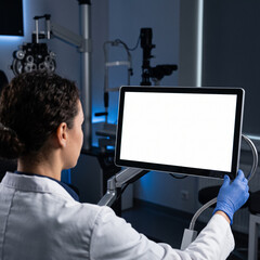 Fototapeta premium female ophthalmologist holding screen monitor with blank white mockup in vision diagnostic room of modern clinic, over the shoulder view
