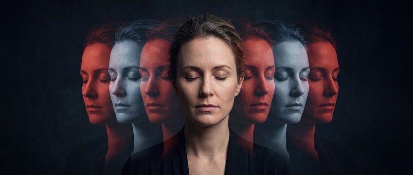Abstract Female Portrait with Emotional Duality and Motion Effect