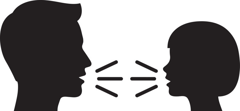 Black silhouette icon of an male face facing a child profile with sound waves between them representing communication also transparent background