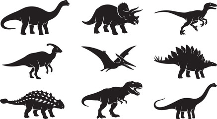 Collection of black dinosaur silhouettes including tyrannosaurus rex, triceratops, stegosaurus, and brachiosaurus on a white background, also transparent background © PixelSaga MH2 