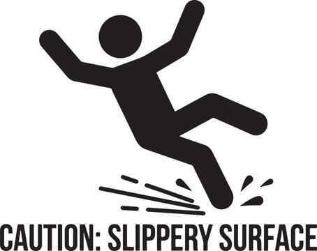 Caution slippery surface black icon featuring a stick figure falling backward with water splashes underneath and bold text also transparent background