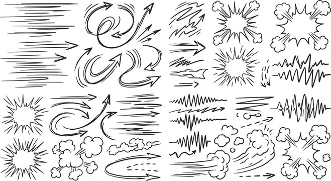 Hand-drawn black and white comic book speed lines, motion arrows, explosion clouds, and sound wave effects set also transparent background