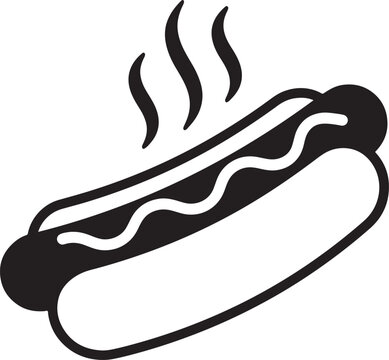 Hot dog icon with sausage in a bun and steam rising, in black and white also transparent background, fast food
