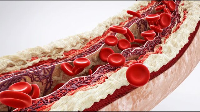 Atherosclerosis Medical Animation Showing Arterial Plaque Formation, Cholesterol Buildup, Narrowed Blood Vessels, Reduced Blood Flow, Cardiovascular Disease Progression and Heart Health Concept