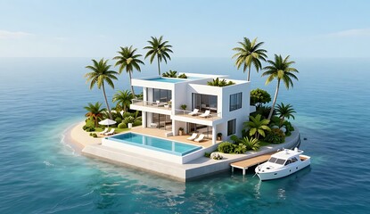 Fototapeta premium Modern luxury white villa with private swimming pool and palm trees on a private tropical island in the middle of crystal clear ocean water with a yacht docked at a wooden pier