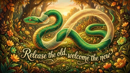 Obraz premium Enchanting green snake shedding skin in magical forest with inspirational quote 'Release the old, welcome the new'