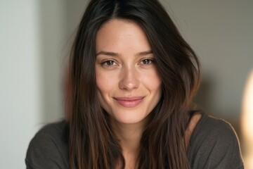 Obraz premium Casual portrait of a young brunette woman with a friendly, relaxed smile