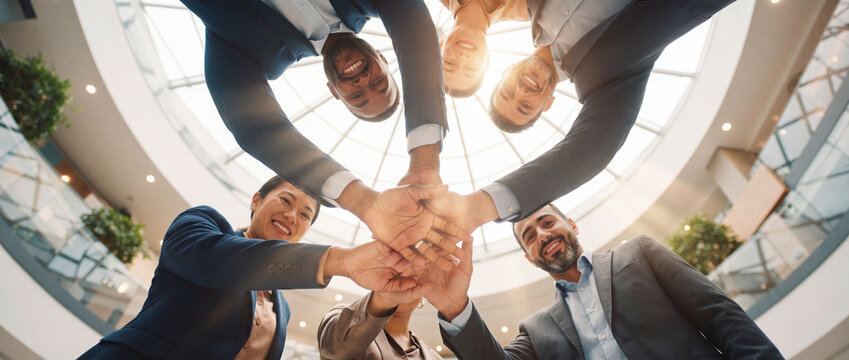 Business team stacking hands in unity under a modern sunlit corporate atrium, showing diverse multiethnic colleagues joining together for partnership, trust, and success