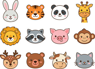 Fototapeta premium Cute Animal Face Icons Vector Set Featuring Smiling Rabbit Tiger Panda Giraffe Lion Raccoon Pig Monkey Deer Bear Cow and Cat Avatar Characters for Children Graphic Designs