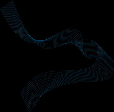 Abstract blue wave lines on black background, flowing digital frequency curves, elegant neon light trails for technology design