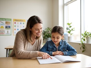 Obraz premium A woman and a young girl reading a book together at a table