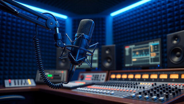 Professional microphone on boom arm in audio recording studio, sound engineering and podcast production