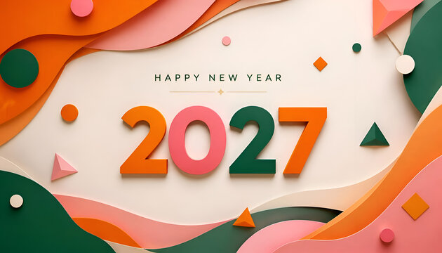 Happy new year 2027 greeting card design with colorful paper cut out shapes and layered numbers