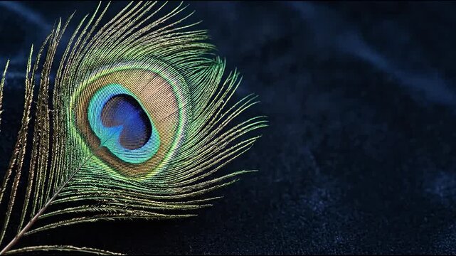 Peacock feather elegantly flowing in rhythmic motion within this mesmerizing high definition video clip showcasing vibrant iridescent green blue textures