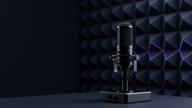 Studio microphone against acoustic foam panel, podcast broadcasting and audio recording
