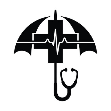 Conceptual black and white medical cross umbrella with stethoscope heartbeat for protection art