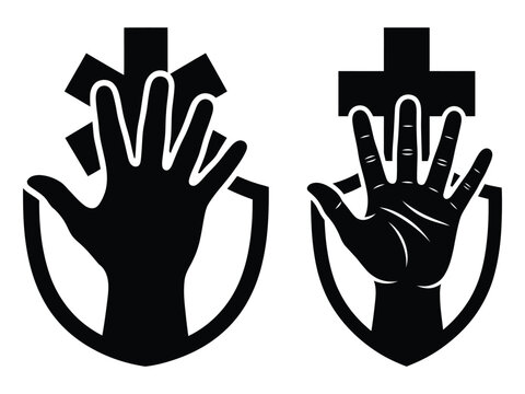 Surreal black white medical protection concept with hand and cross representing care and defense