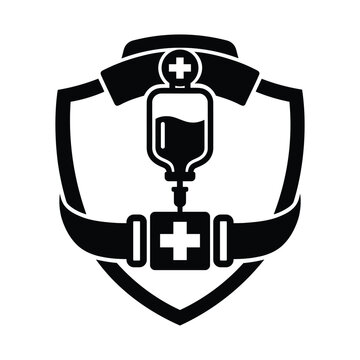 Conceptual black and white IV bag inside shield with cross for medical protection and care art
