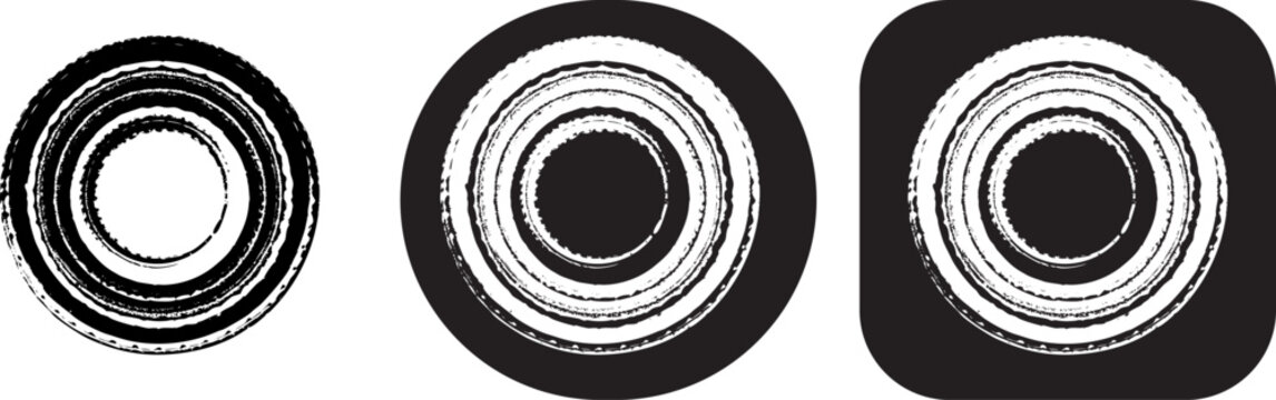 Concentric circle with distressed texture, set of three variations with circle and rounded square container frames