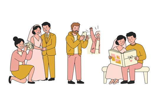 People capturing wedding memories, taking of a bride and groom, taking a selfie, and looking at a album in a flat