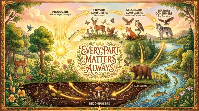 Illustrative Ecosystem Food Web Diagram Showing Energy Flow from Producers to Consumers and Decomposers in a Forest and River Setting