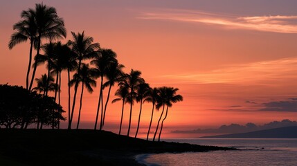 Obraz premium Golden Hour Coastline Panorama: Warm Sky Gradient and Silhouettes
