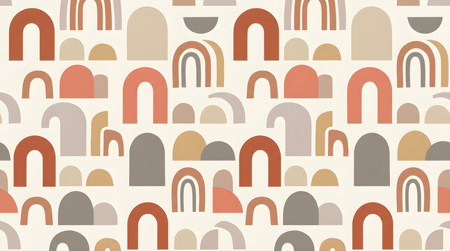 Modern seamless arch pattern in muted terracotta, beige and cream, creating a playful geometric background for interiors, textiles, wallpaper and branding