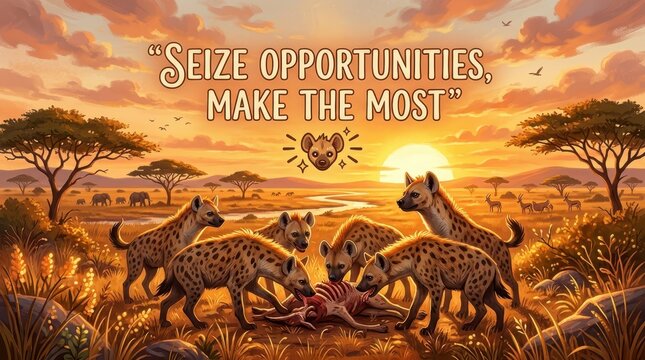 Hyenas on the African savanna at sunset, a pack feeding on prey, with acacia trees and distant elephants under a motivational quote.