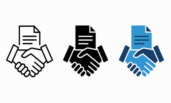 Handshake with document icon depicts agreement partnership and legal contracts in a flat vector style contract deal collaboration hands paper