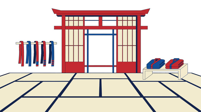 Taekwondo or martial arts dojang with traditional interior, tatami mats, uniform, belts, and red gate