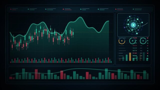 Futuristic AI algorithmic trading dashboard analyzing real-time stock market data, financial risk and investment growth.