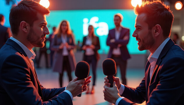 Podcast interview between two men in corporate studio with handheld microphones, intense close-up conversation under warm stage lights.