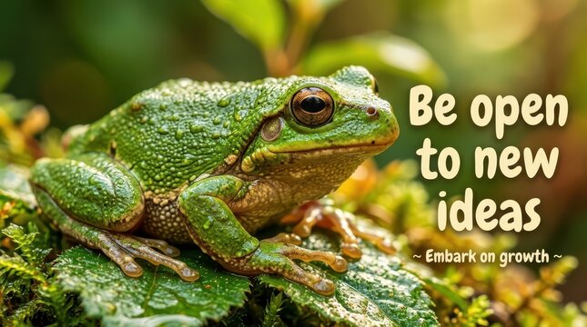Green tree frog perched on mossy branch with motivational text 'Be open to new ideas, Embark on growth'