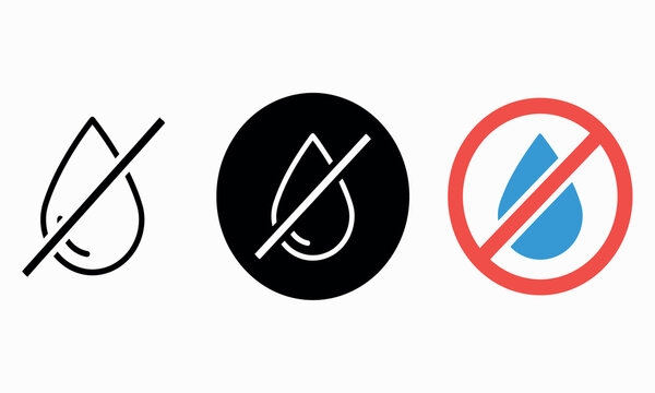 Water droplet prohibition icons demonstrate a no water symbol with black white and red color variations restriction waterdrop aqueous fluid