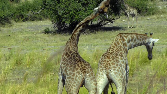 African giraffes interacting in a grassy savanna landscape during daytime
