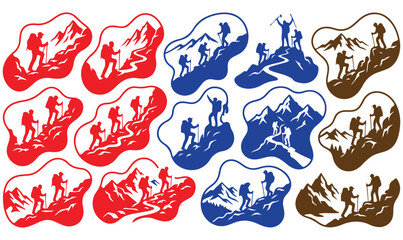 Obraz premium Vector set of mountain hiking and climbing badges with hiker silhouettes for outdoor adventure designs