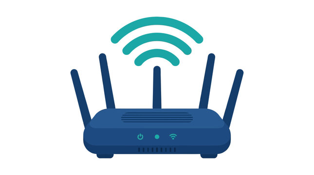 A blue wireless router with signal waves emanating from it.