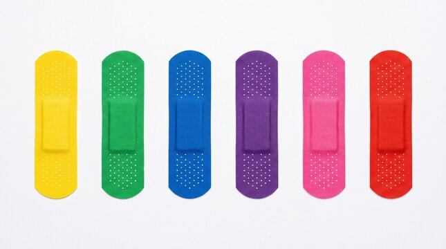 Colorful medical adhesive bandages arranged in a straight row of six vibrant items on white background